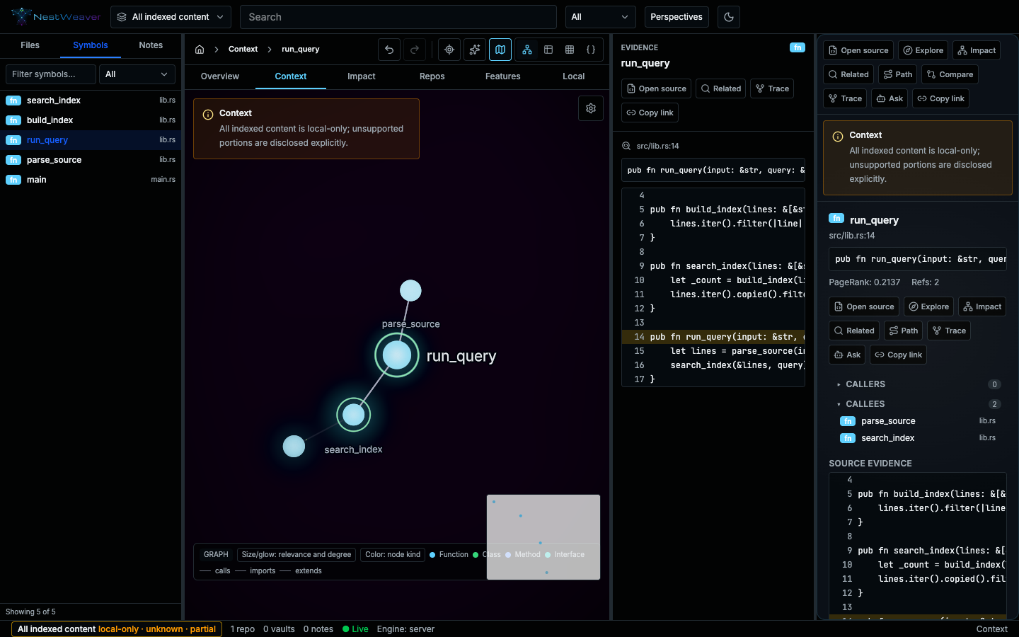 run_query selected in the web UI, with source on the right and parse_source and search_index in the graph